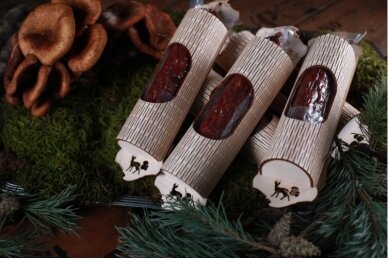 Venison sausage with boletus flavor in wooden packaging